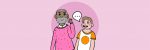 Barnkonventionens artikel 12 föreställande ett barn med t-shirt, som vänd mot en äldre man med skägg och ett mycket stort öra säger sin åsikt i form av en pratbubbla med ett utropstecken.
